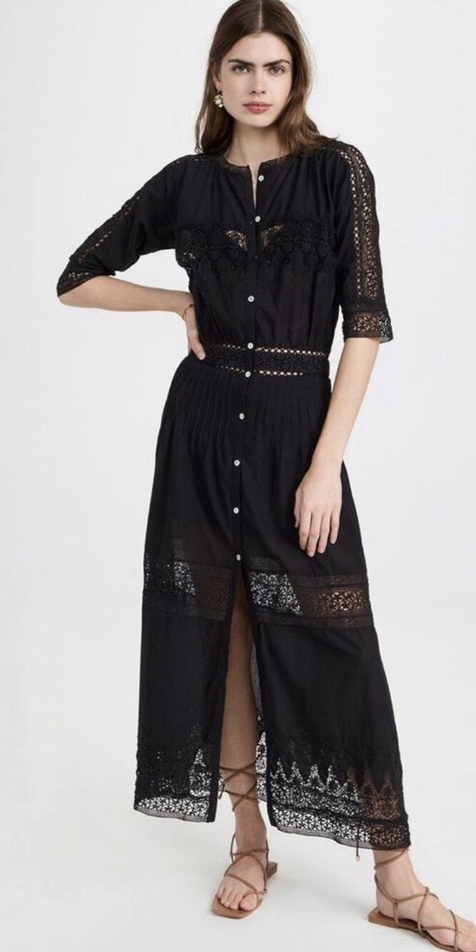 LoveShackFancy Beth Dress Black, Eyelet Lace, Cotton Button Down Midi Maxi Small
